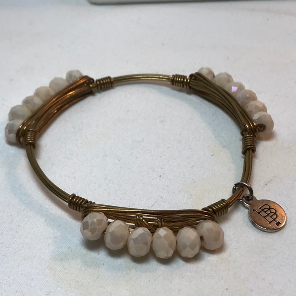 Bourbon and Bow ties bracelet, 7.5 in, cream color beads, bangle, wire w…